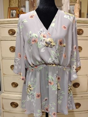 torrid Gray Floral Wrap Midi Dress with Pastel Accents